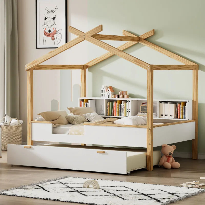 Full Size, Roof Design, Wood House Bed Frame, for Kids