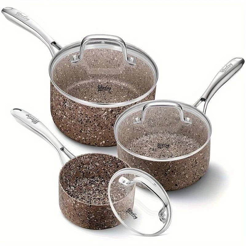 Nonstick Premium 3-Piece Saucepan Set with Glass Lids, Natural Durable Granite Coating, Oven Safe, 1&2&3QT, Brown