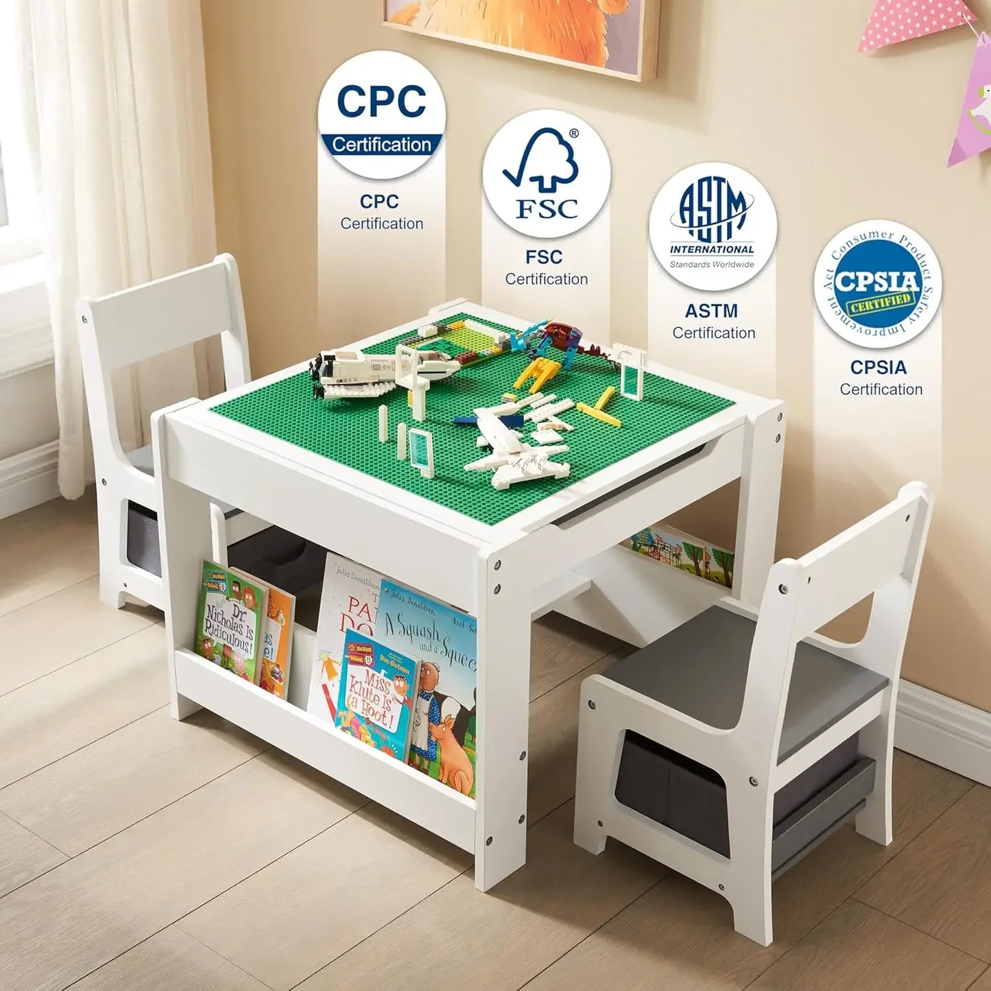 Kid's 3 in 1 Wooden Activity Table and Chair Set, with Bookshelves and Storage Drawer