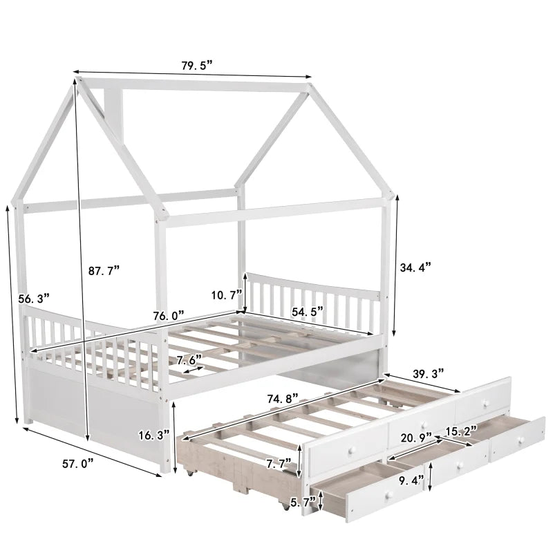 Wooden House Bed Frame for Kids with Ample Storage Options, Roof Design