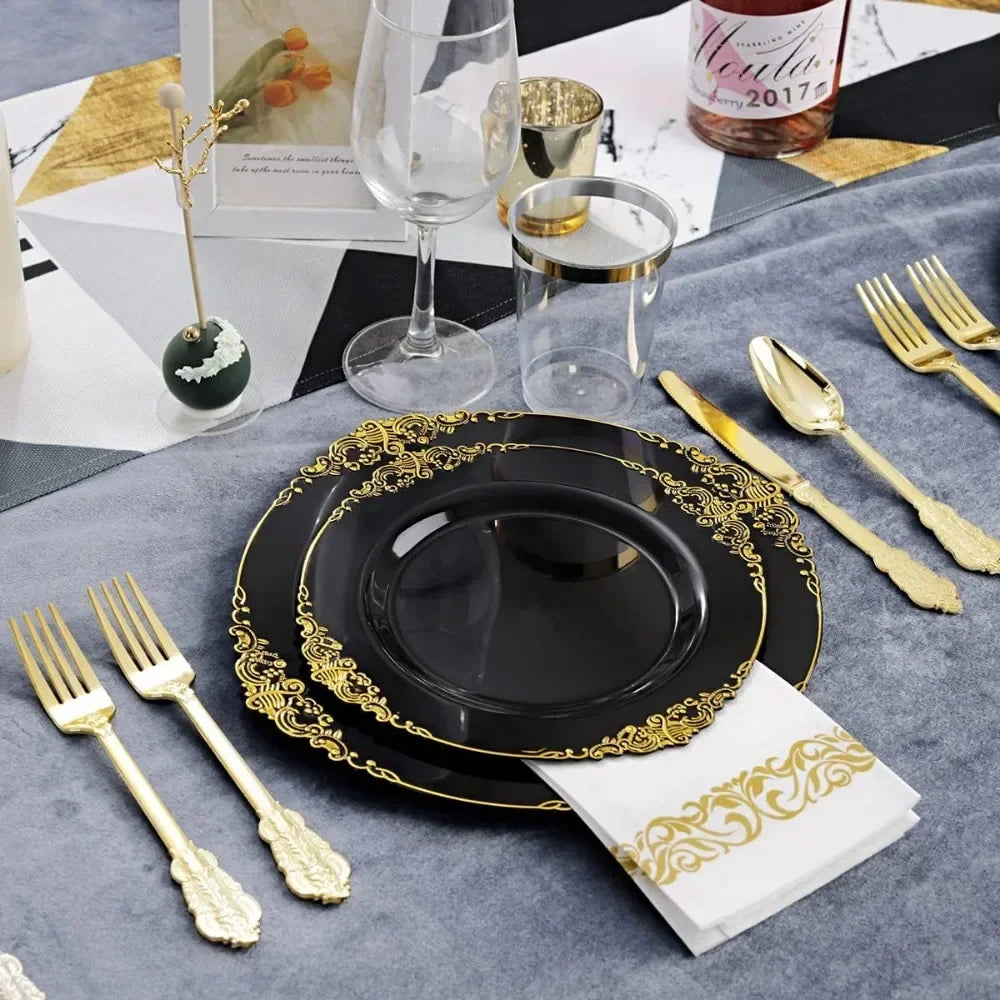 350 piece black and gold plastic plates with gold plastic silverware, disposable cutlery for weddings and parties