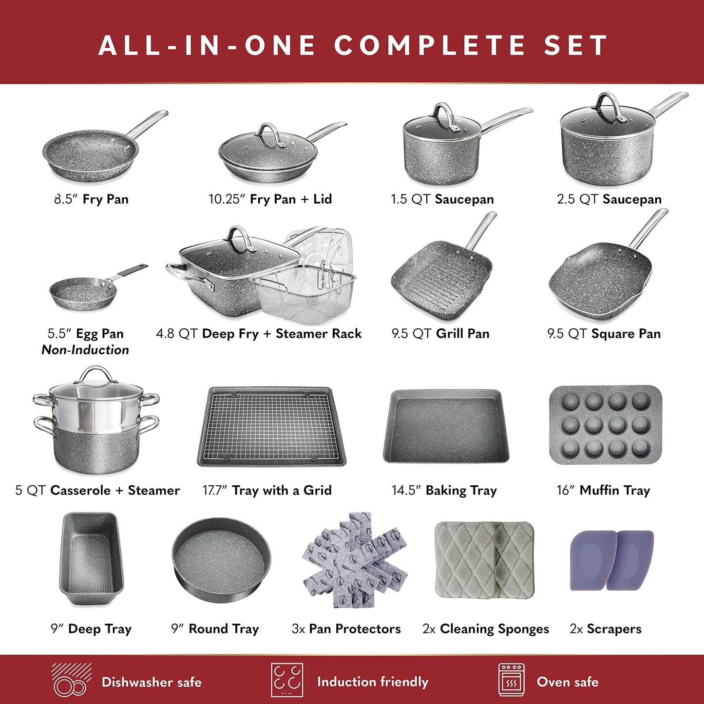 23-piece Non Stick Granite Induction Compatible Cookware + Bakeware Set