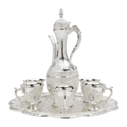 Vintage Turkish Coffee Set with Pot and 6 Cups, Silver