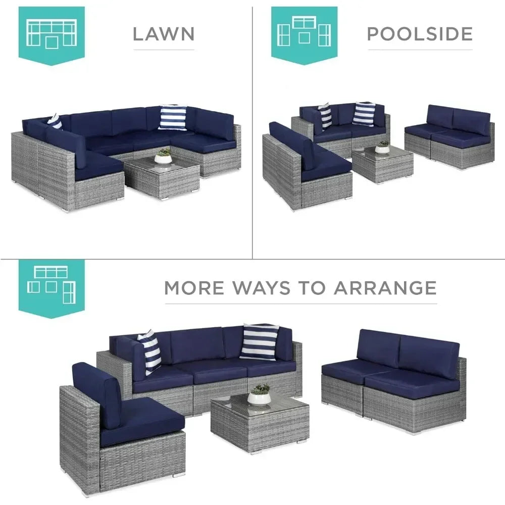 Modular Outdoor Sectional Wicker Patio Conversation Set w/ 2 Pillows, Coffee Table, Cover Included