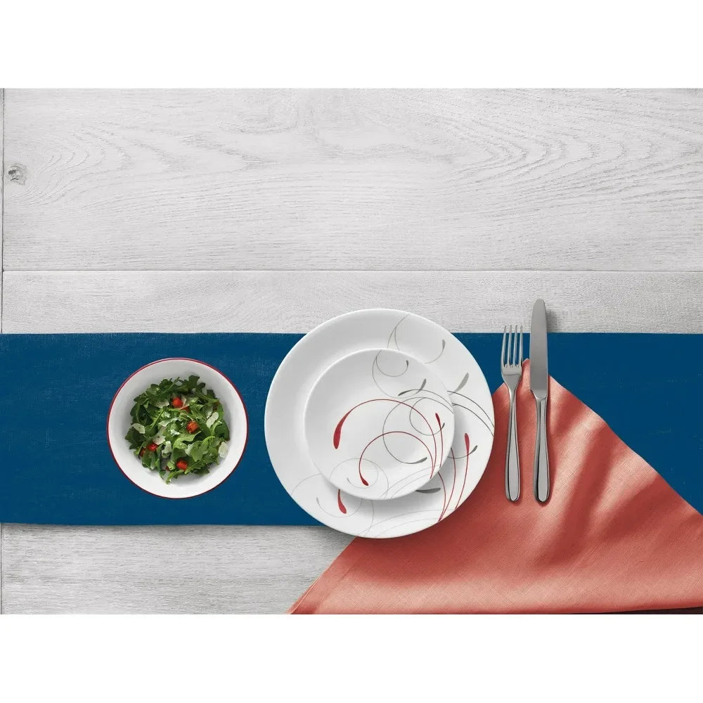 White and Red Round 12-Piece Dinnerware Set