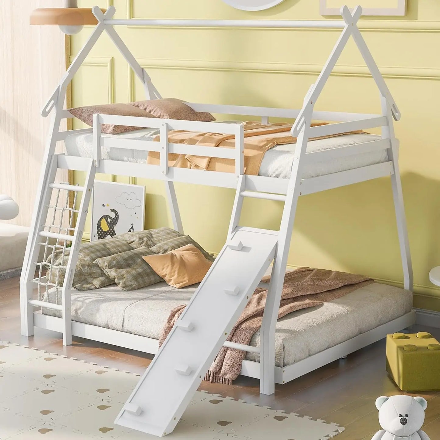 Twin Over Twin House Bunk Bed Frame with Roof, Window, Ladder and Slide