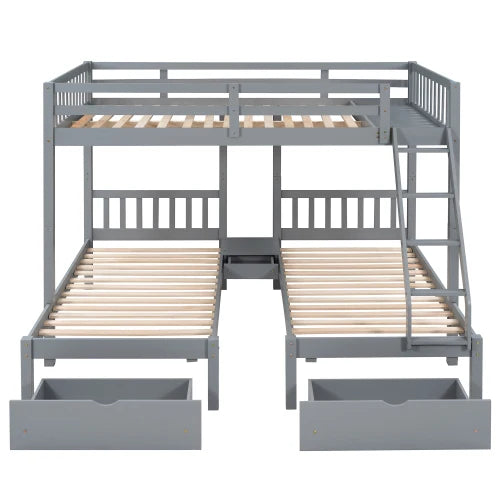 Wood Full over Twin & Twin Bunk Bed,Triple Bunk Bed with Drawers