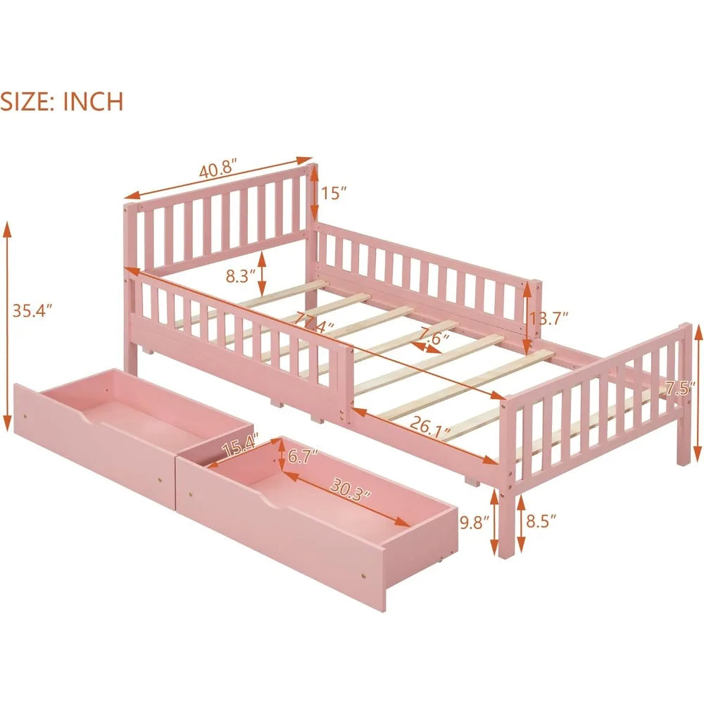 Kids Low Platform Twin Bed with Guardrails