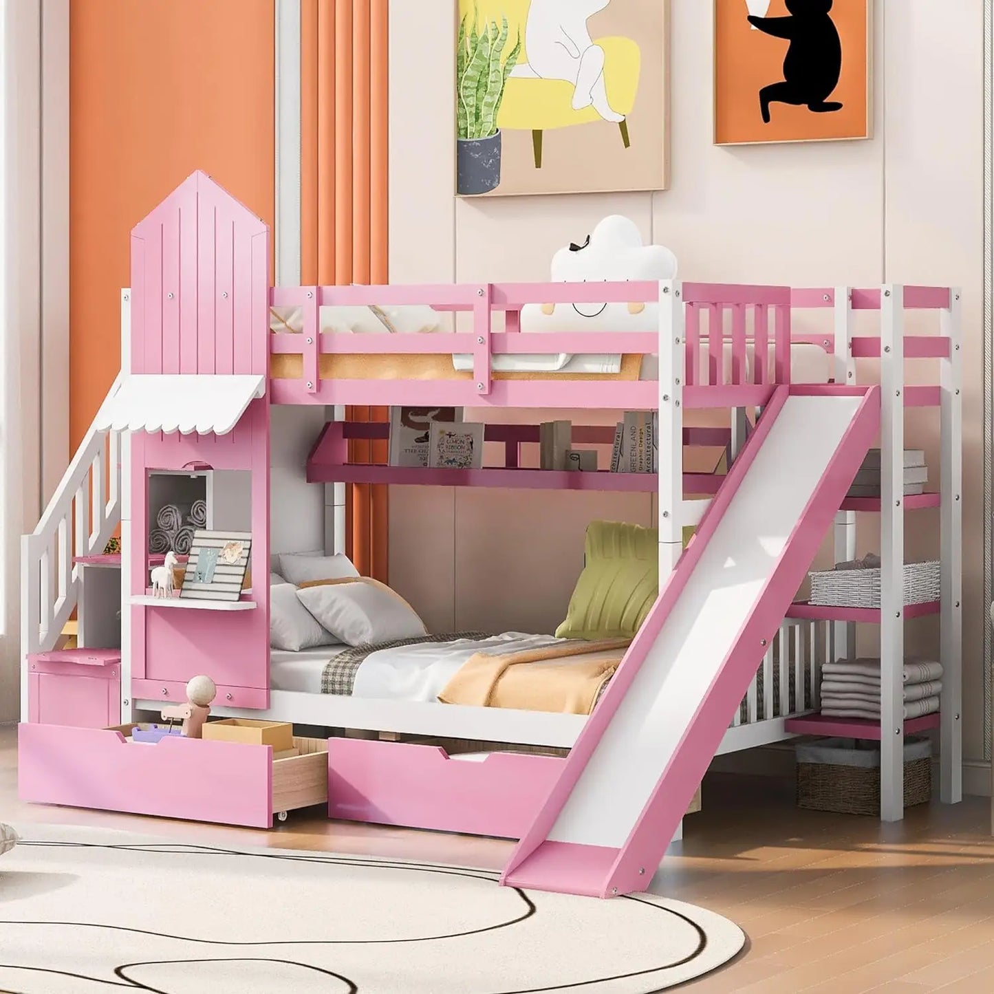 Twin Over Twin Bunk Bed with Slide, Staircase Storage and Drawers