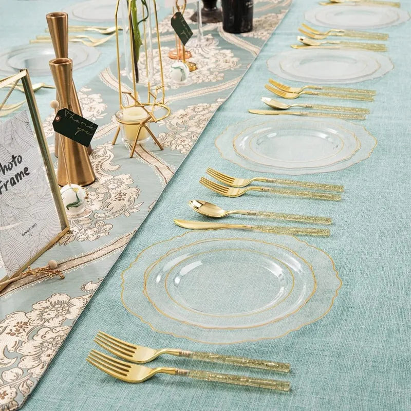 150PCS Clear-Gold Plastic Plates - Gold Plastic Silverware with Glitter Handle - 30 Guests