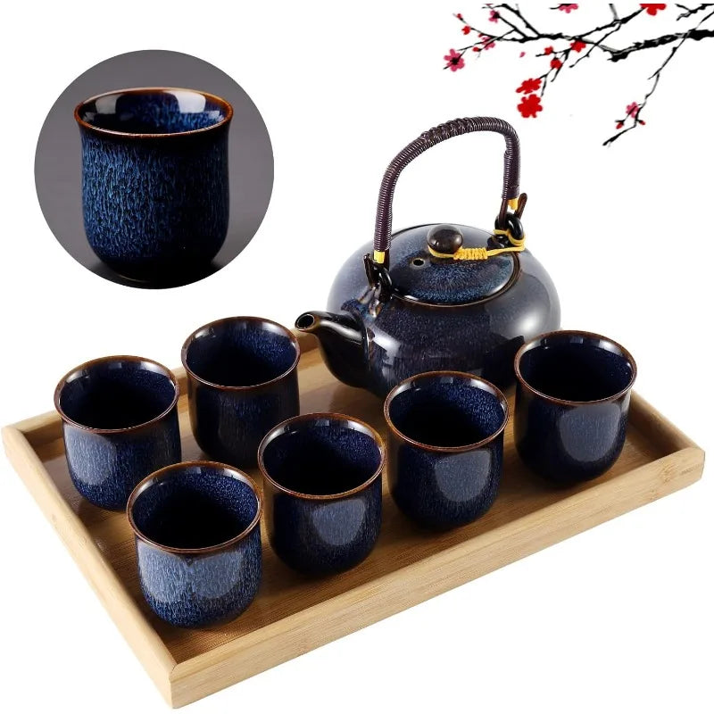 Tea Set for 6, Kiln Altered Glaze Porcelain Tea Set with 1 pot, 6  Cups & 1 Tray