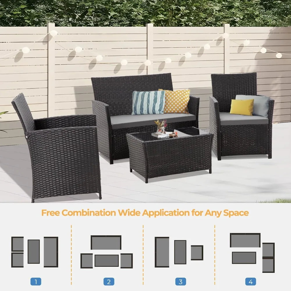 4 Piece Wicker Rattan Patio Sets, 5 Color Options