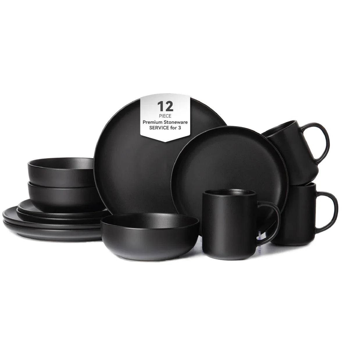12-Piece Matte Glaze Dinnerware Set, Black