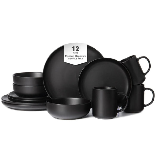 12-Piece Matte Glaze Dinnerware Set, Black