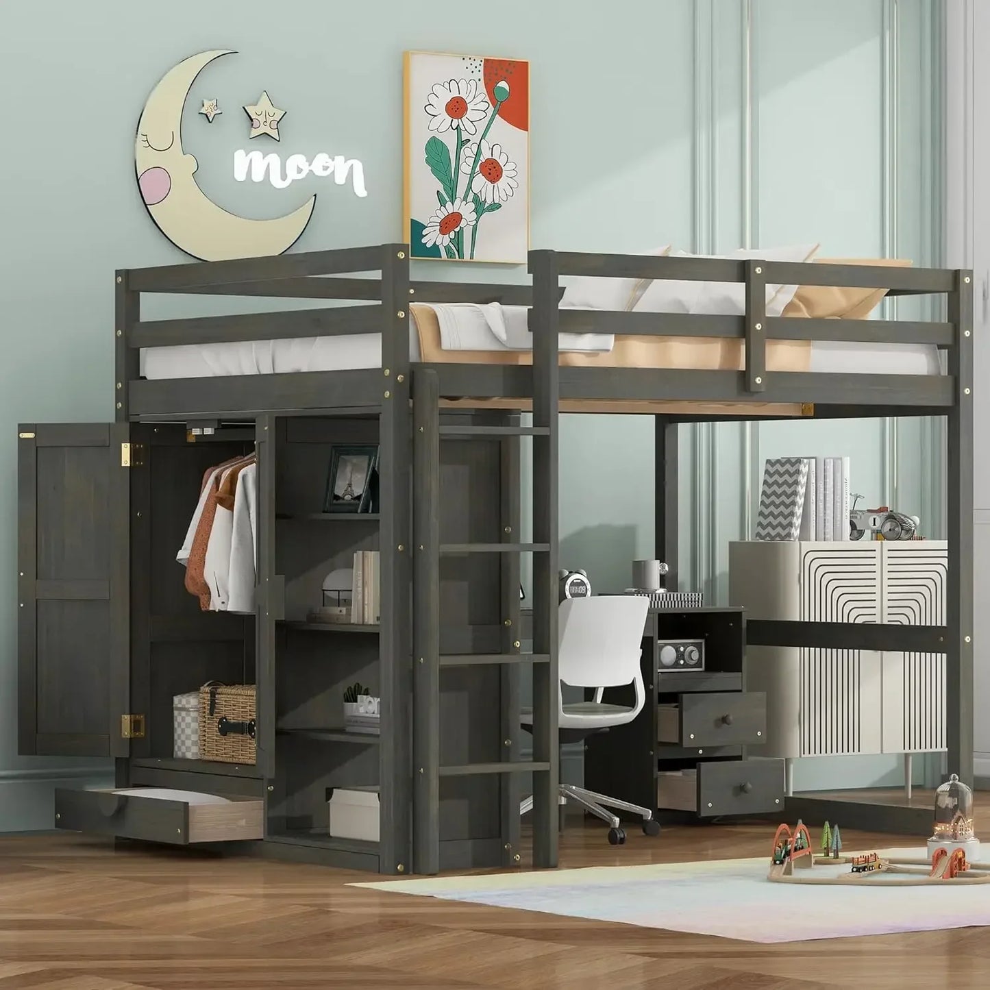 Full Size Loft Bed Frame with Wardrobe and Desk