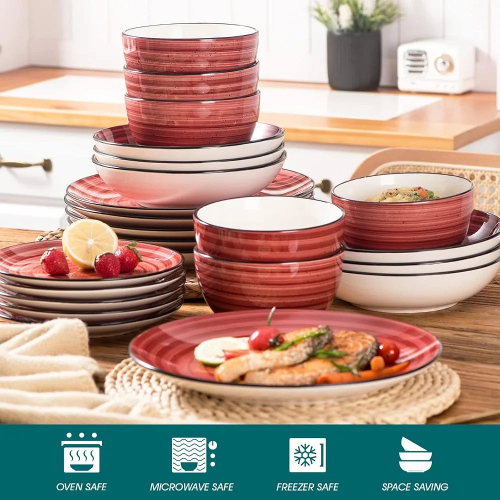 Red 24 Piece Hand-painted Spirals Pattern Stoneware Dinner Set