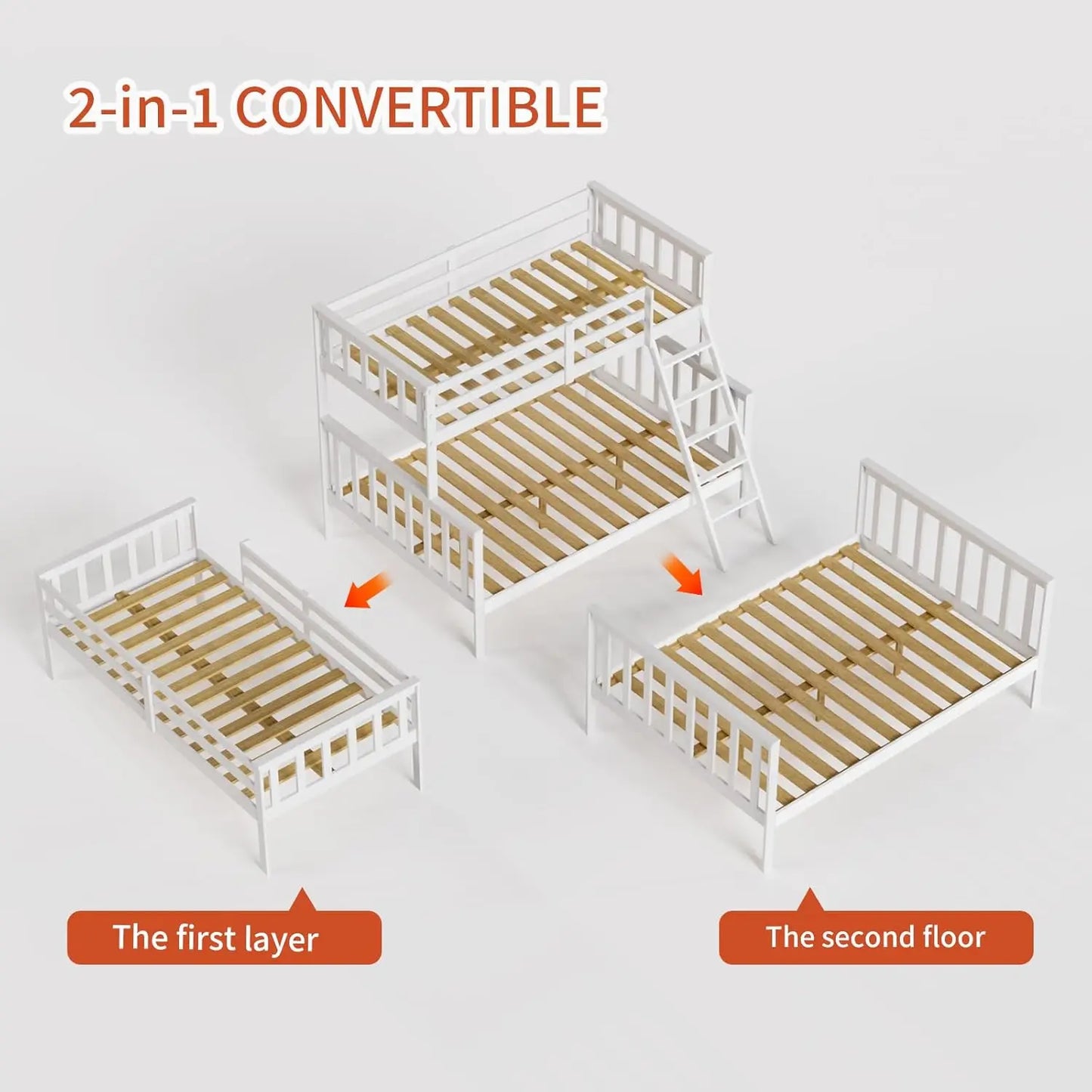 Twin Over Twin Solid Wood Bunk Bed Frame with Ladder and Guard Rail Space