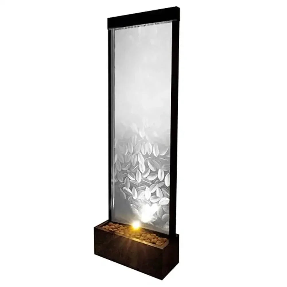 72" Indoor/Outdoor Waterfall Embossed Leaves Design Modern Glass Panel Fountain with LED Light