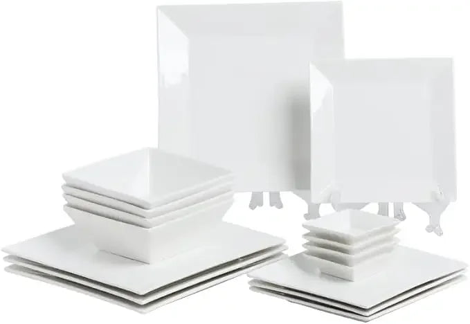 24-Piece Classic Square Dinnerware Set for 6-Square Dinner Plates, Dessert Plates, Bowls & Dipping Saucers, Off White