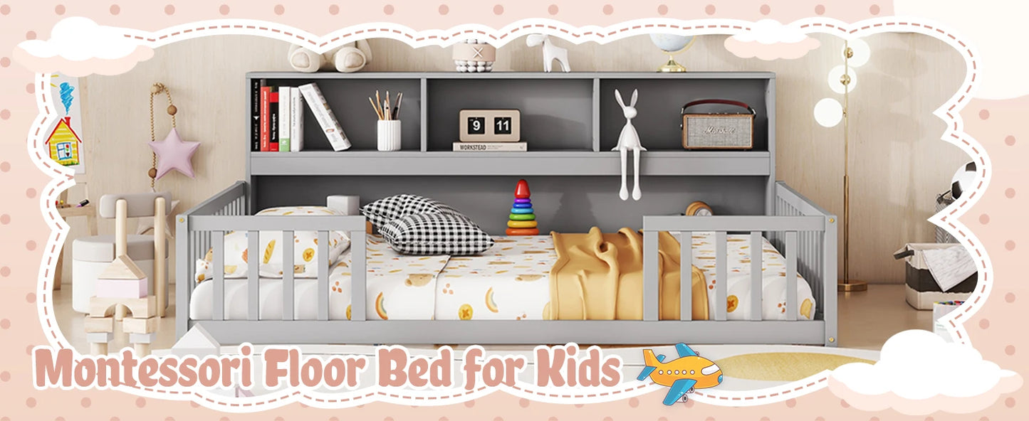 Easy To Assemble Kids Floor Bed with Bookcase and Shelves