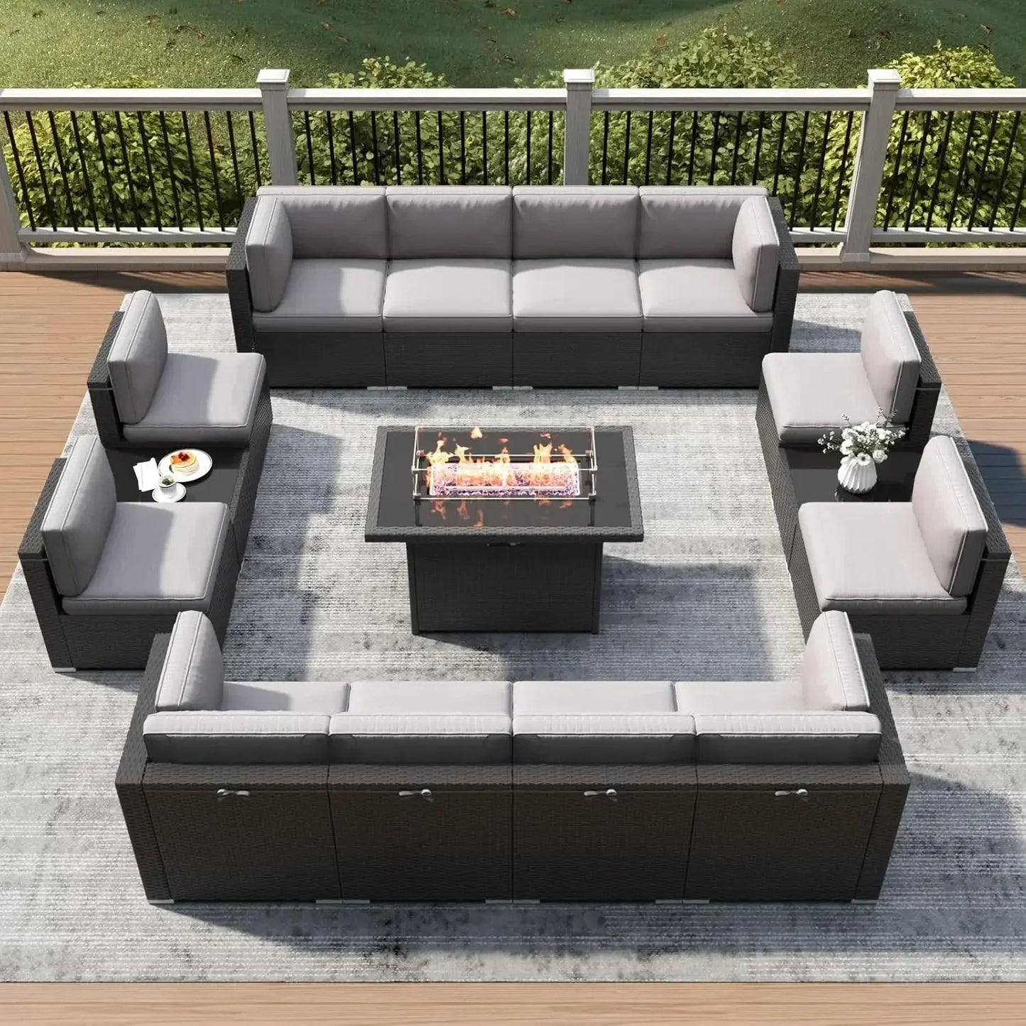 15 Piece Patio Set with Fire Pit Table, Black/Light Grey