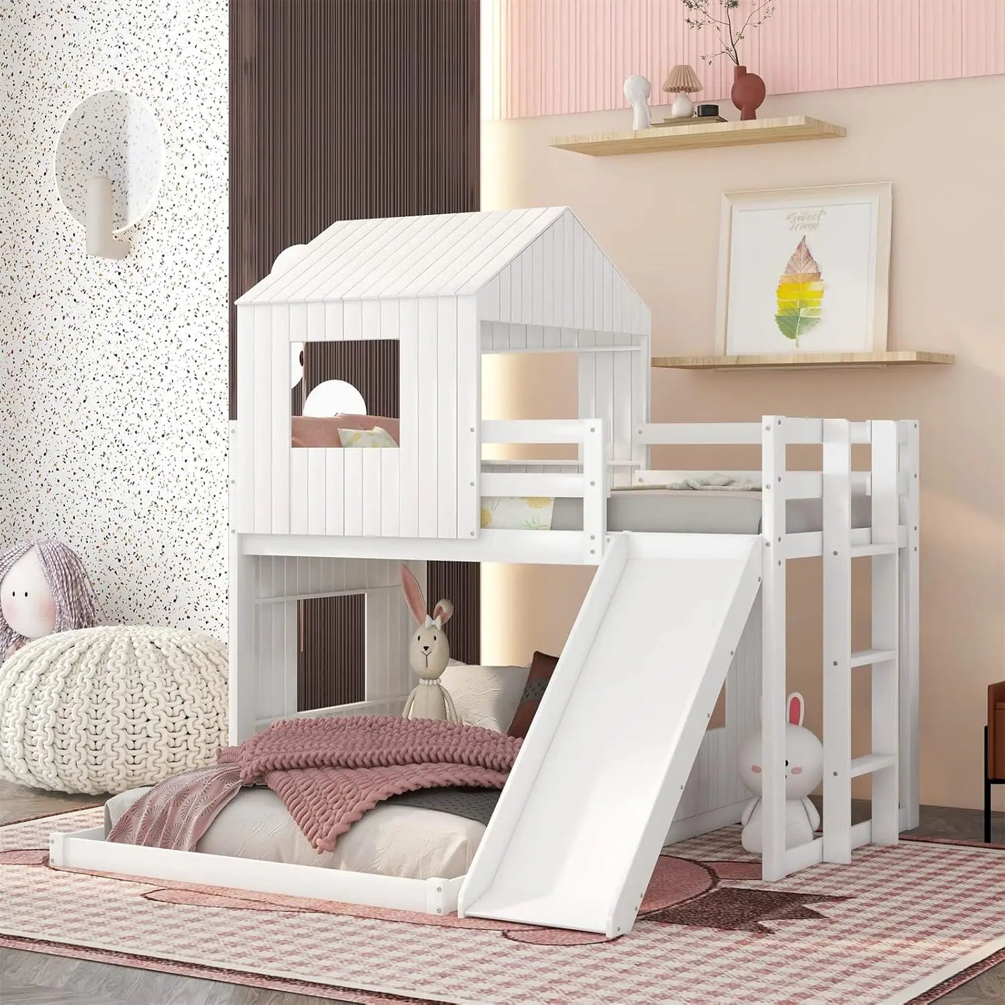 Twin Over Full Size, Wood Bunk Beds with Roof and Window, with Slide