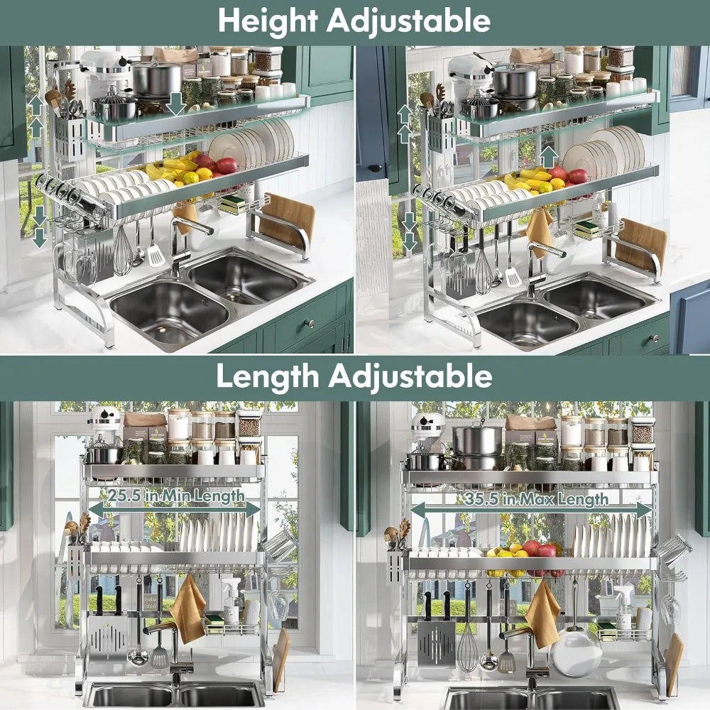 Adjustable 3 Tier Large Dish Rack for Kitchen Storage