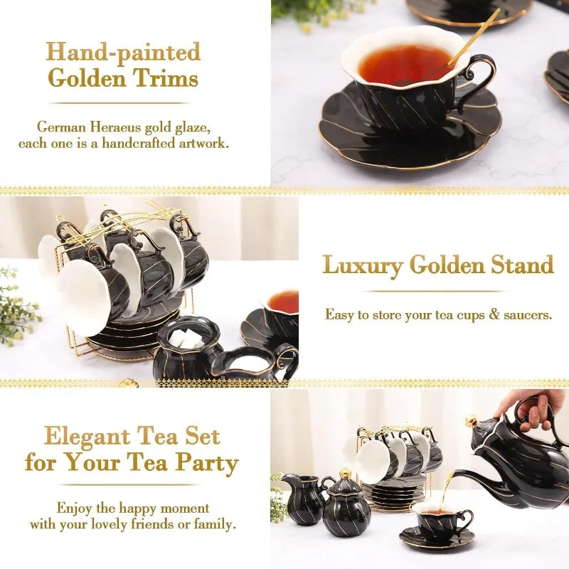 22 pcs Porcelain Tea Set for 6, Luxury British Style Tea/Coffee Cup Set with Golden Trim