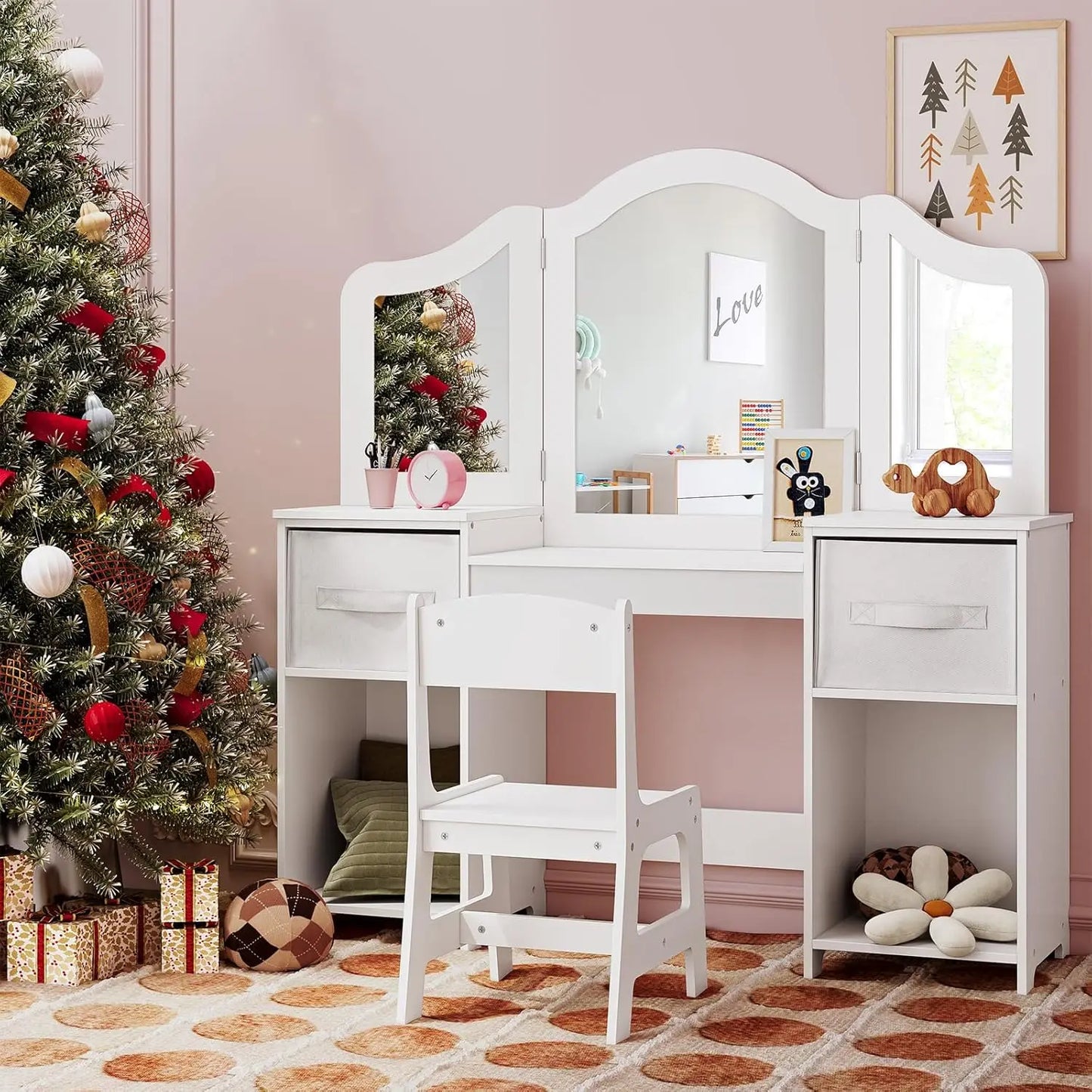 Kids' Vanity Set, Makeup Table For Little Girls With Tri-Folding Mirror And Stool