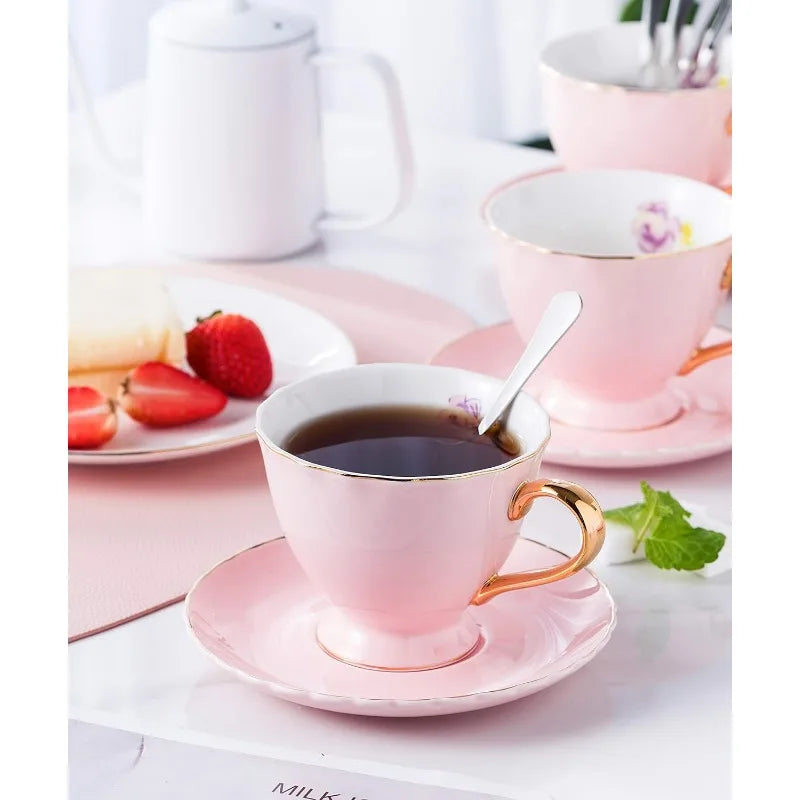 Set of 6 Porcelain Tea Cup and Saucer with Spoon, (pink) 7oz)