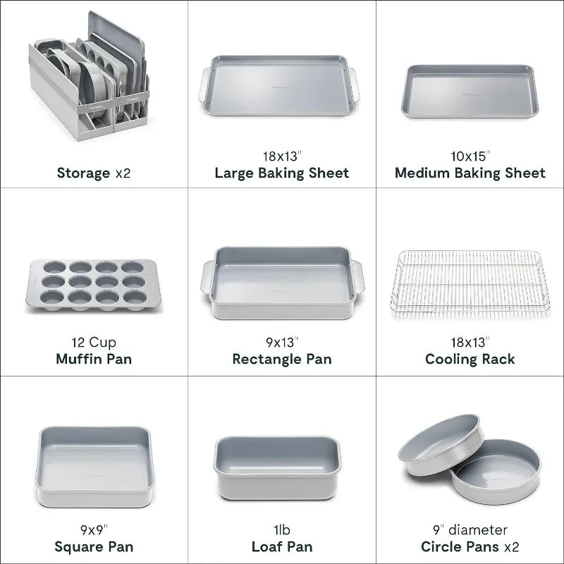 Nonstick Ceramic Bakeware Set (11 Pieces) - Baking Sheets, Assorted Baking Pans, Cooling Rack, & Storage