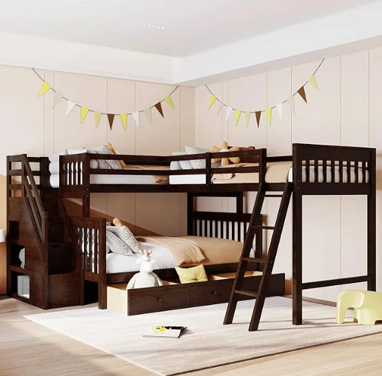 Twin-Twin Over Full L-Shaped Bunk Bed with Desk, Wardrobe, 3 Drawers and Ladders