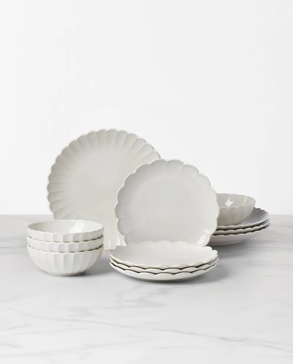 12-Piece French Perle Scallop Dinnerware Set, White