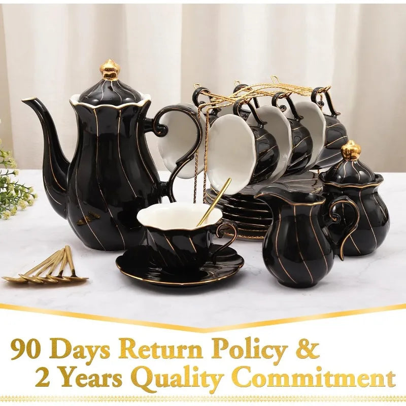 22 pcs Porcelain Tea Set for 6, Luxury British Style Tea/Coffee Cup Set with Golden Trim