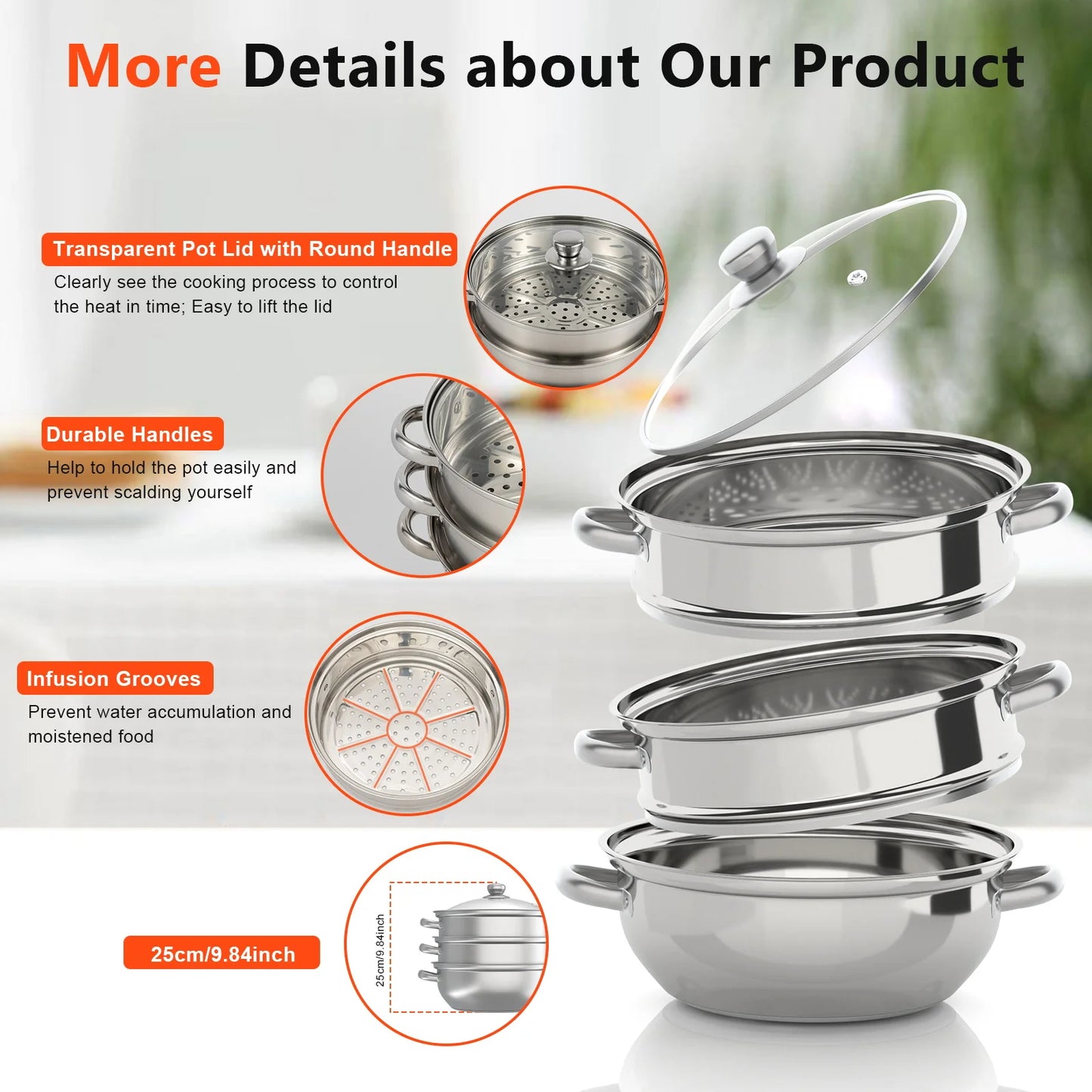 28CM Stainless Steel 3 Tier Steam Cooker Pot