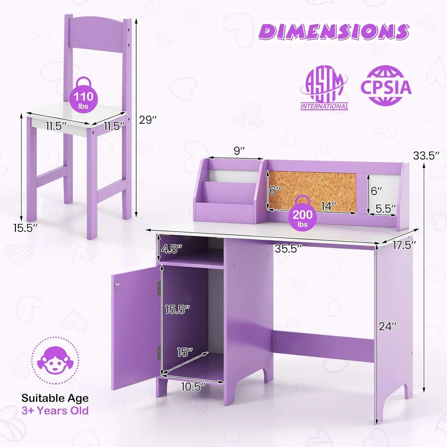 Kids' Wooden Desk and Chair Set, Purple
