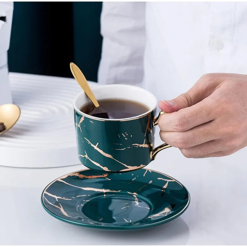 Set of 4- Hand Printed Golden Matte Ceramic Marble Coffee/Tea Cups with Spoons and Cup Holder