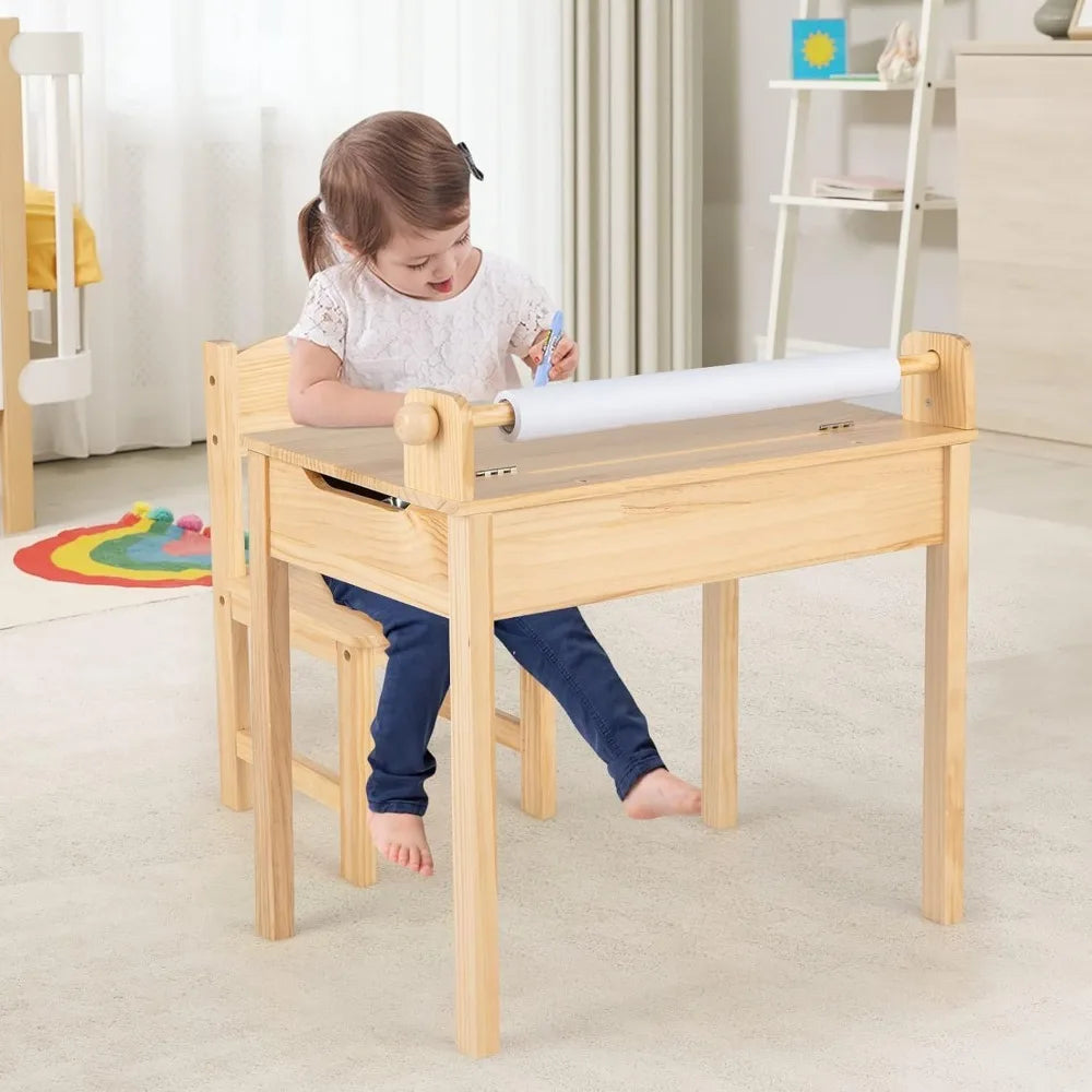 Kid's Wooden Lift-Top Desk & Chair Activity Table Set with Storage, Paper Roll Holder & Pen Slot