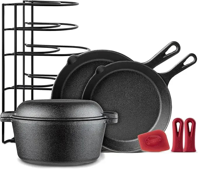 Pre-Seasoned Cast Iron Skillet Set - 8" + 10" + 12"-Inch Frying Pans + Silicone Handle Grip Covers