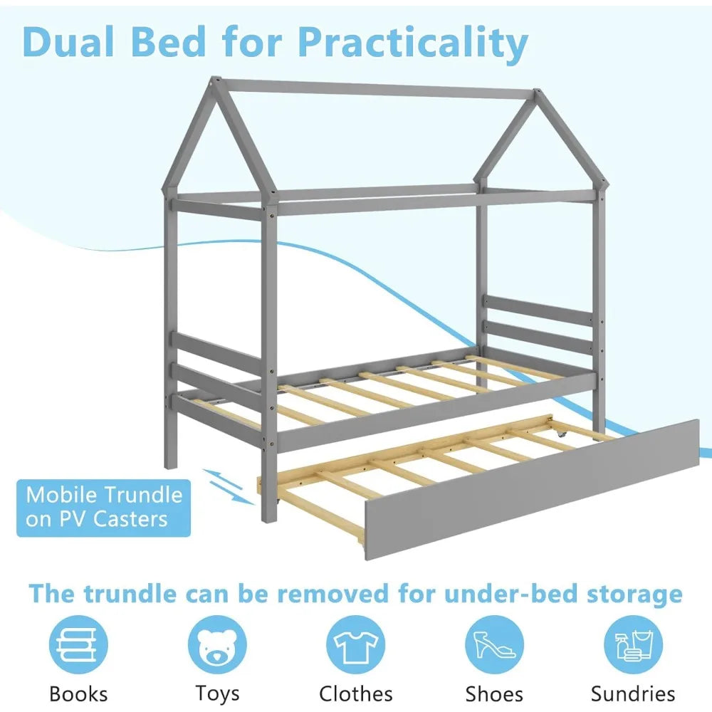 Solid Wood Twin Size House Bed Frame with Trundle