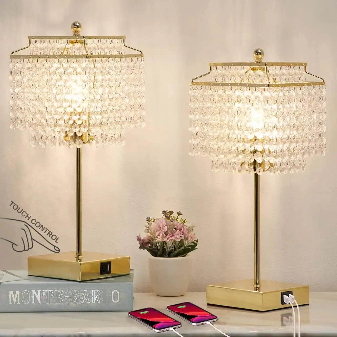 Set of 2, Pink Crystal Bedside Table Lamps, Touch Control , 3-Way Dimmable