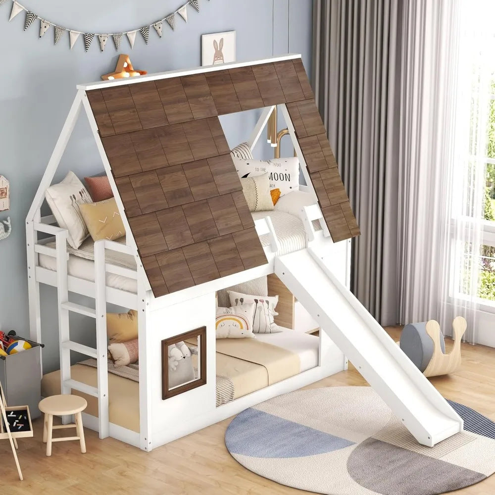 Twin Over Twin House Bunk Bed Frame with Roof, Window, Ladder and Slide