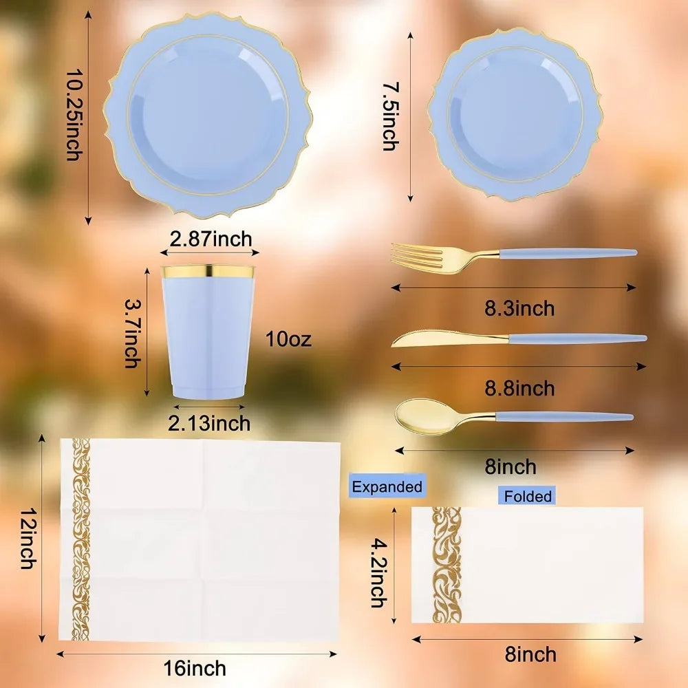 PARTY FOR 25- Disposable Plates – Includes 50 Blue Plastic Plates, 75 Baroque Handle Cutlery, 25 Cups, 25 Napkins