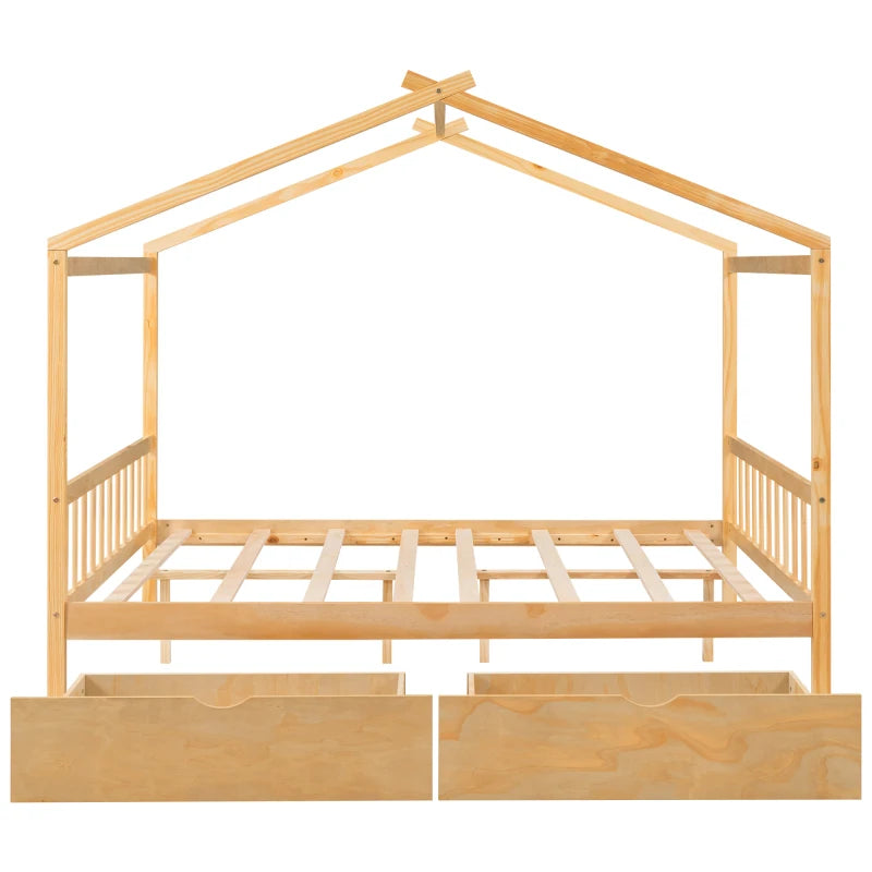 Wooden House Bed Frame for Kids with Ample Storage Options, Roof Design