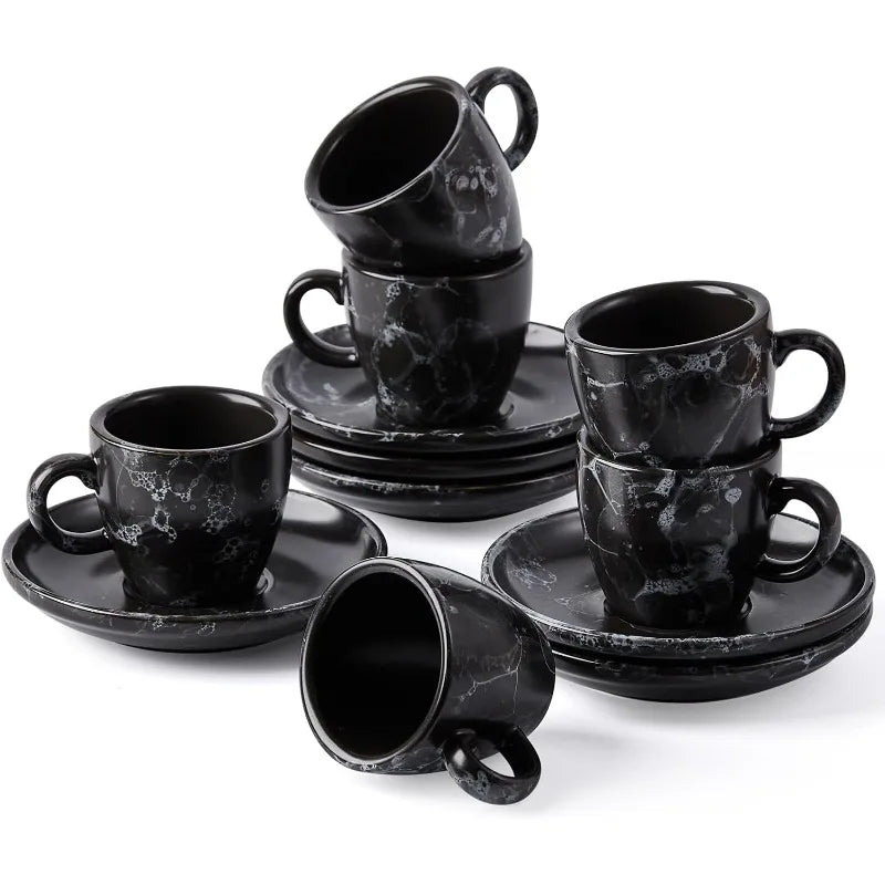 Set of 4 [8oz] Porcelain Coffee Cups with Saucers and Holder