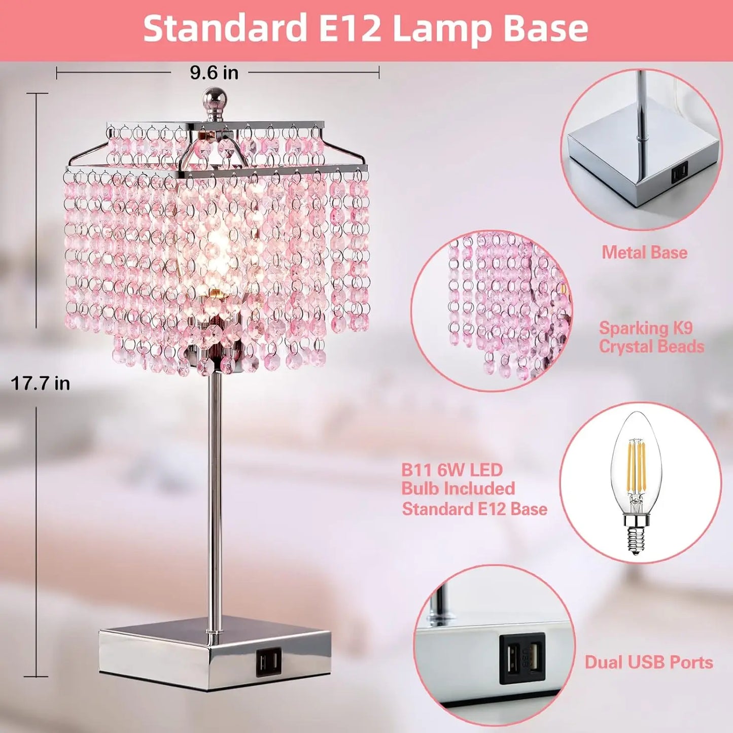 Set of 2, Pink Crystal Bedside Table Lamps, Touch Control , 3-Way Dimmable