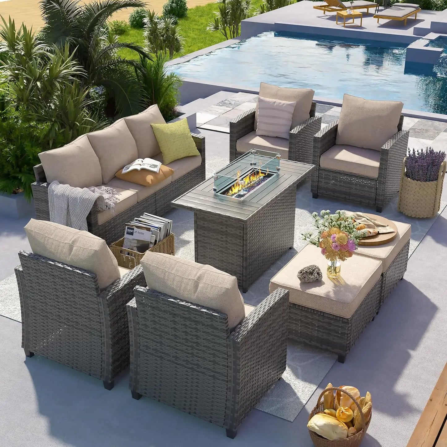 6 Pieces Sectional Conversation Patio Set with 44" Fire Pit Table