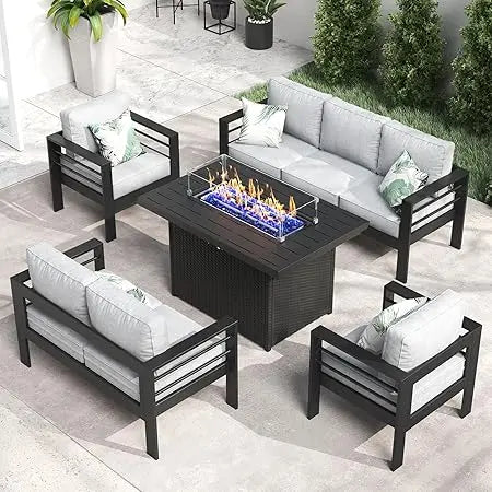 5 Piece Aluminum Furniture Set with Fire Pit Table