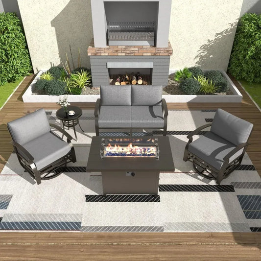 4-Seat Modern Metal Outdoor Conversation Set w/45in Propane Fire Pit Table