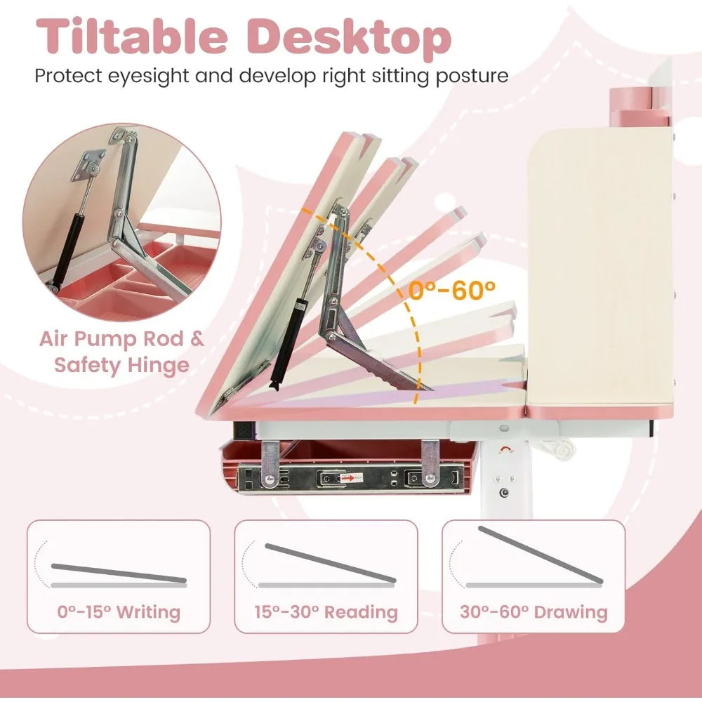 Height Adjustable Kids Desk and Chair Set w/Tilt Desktop, Drawer Hutch, Pen Holder